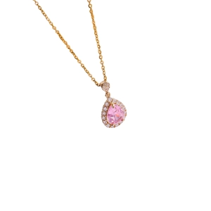 Pink pear-cut zircon teardrop necklace with halo pendant on a gold chain for women