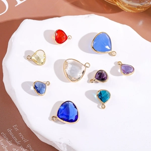 Colorful faceted crystal glass heart and triangle pendants with gold plated edges