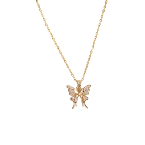 Elegant gold butterfly pendant necklace with sparkling clear zircon stones for women
