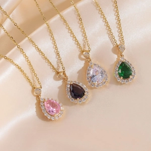 Waterdrop pendant necklaces with pear-cut colorful zircons in gold-plated finish