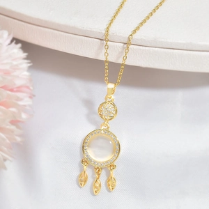 Titanium Steel Dreamcatcher Necklace For Women Gold Plated White Cat's Eye Stone Zirconia Inlaid Leaf Tassel Pendant Jewelry