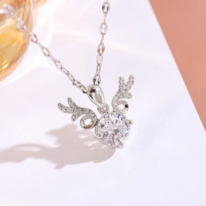 Stainless Steel Deer Antler Pendant Necklace For Women With Shiny Zirconia Round Inlay Elegant Clavicle Chain Jewelry Gift