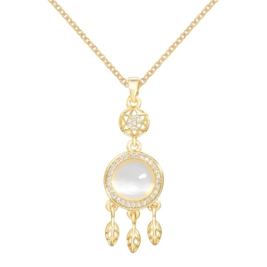 Gold dreamcatcher necklace with white opal pendant and feather charms on white background