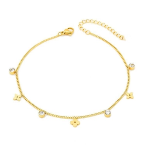 Fußkette aus vergoldetem Titanstahl mit kleinen Blumenanhängern und funkelnden Kristallen