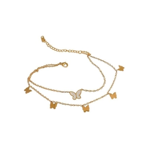 Double-layer 18k gold butterfly anklet for women with white enamel pendants and lobster clasp
