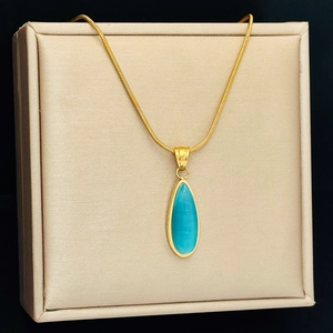Elegante Collar de Cadena de Serpiente de Acero Inoxidable para Mujer Con Colgante de Gota de Piedra Ojo de Gato Azul