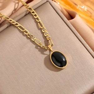 Collar de Acero Inoxidable con Zirconia Negra Ovalada Vintage Bañado en Oro Cadena Figaro Gargantilla para Mujer Joyería de Moda