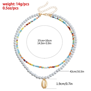 Double-layered colorful bead and faux pearl necklace with golden shell pendant charm
