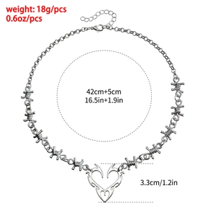 Punk silver thorn chain necklace with heart tribal totem pendant and y2k gothic style design