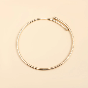 Detailansicht eines goldenen Metall-Choker-Halsbands mit Schlangenknochenmuster oben