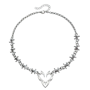 Y2K gothic thorn heart necklace with silver flame totem link chain for women