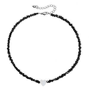 Handmade beaded necklace with black glass beads and a white heart pendant for women