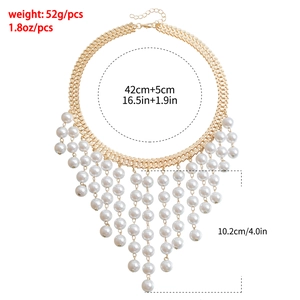 Detail view of gold choker necklace with multi-layer pearl tassels and size specifications