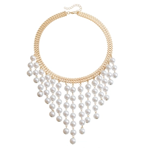 Multilayer gold chain necklace with long white pearl tassels and adjustable closure