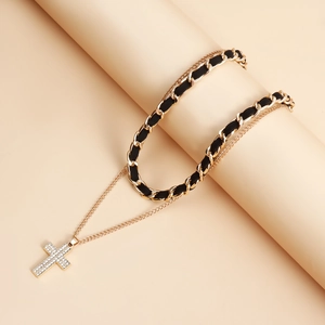 Dubbellaagse Legering Choker Halsketting Voor Dames Goud Zwart Gevlochten Ketting Vlinder Zeester Kruis Hanger Sieraden