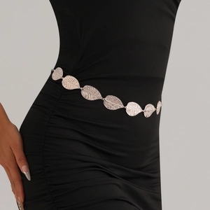 Elegant gold leaf metal waist chain belt with intricate hollow veins for evening dresses