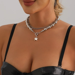 Double-layered silver star pendant necklace with beaded chain for a modern chic look