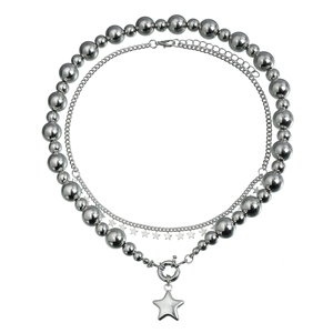 Double-layered silver metal necklace featuring star pendants and beaded chain for women