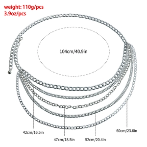 Detail of silver layered metal waist chain showing dimensions and lobster clasp link