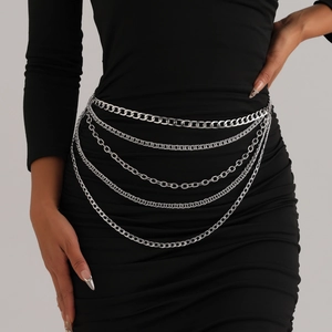 Fashionable 5-layer silver metal body chain layered waist jewelry for women on black dress