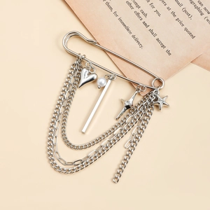Broche Alfiler de Seguridad con Cadena en Capas Plateado de Moda con Dije de Corazón Estrella Perla Artificial Sintética Joyería Punk Mujer