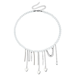 Transparent beaded heart tassel necklace with silver chain fringe on white background