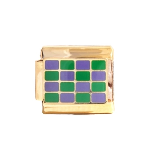 Maillon de bracelet italien en émail damier vert et violet sur finition dorée polie