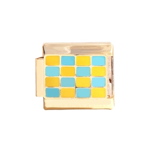 Maillon de bracelet italien en or avec motif en émail à damier bleu et jaune vif