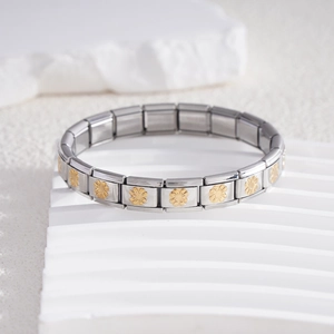 Italian charm bracelet in stainless steel with golden daisy pattern and modular links