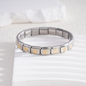 Bracelet à breloques italien en acier inoxydable avec motifs soleil dorés sur pierre