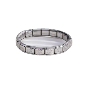 Italian modular stainless steel stretch bracelet with embossed floral pattern detail