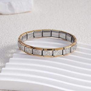 Italian charm bracelet with silver heart relief and gold-plated edges on stainless steel