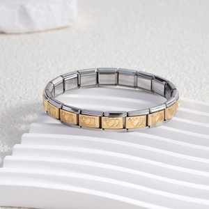 Italian charm bracelet with modular stainless steel links and golden heart details