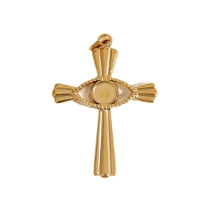 Pendentif croix en acier inoxydable plaqué or avec motif œil unique sur fond blanc épuré