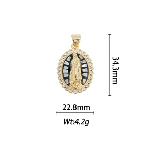 Detailed view of 18k gold-plated Virgin Mary pendant with dimensions 34.3mm by 22.8mm
