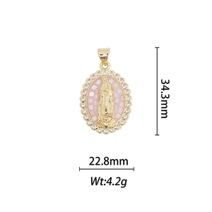 Detail of 18k gold plated oval Virgin Mary pendant with pink mosaic and crystals