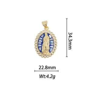 Detailed view of Virgin Mary blue enamel pendant with 34.3mm height and 22.8mm width