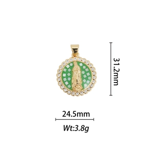 Detail of 18k gold-plated Virgin Mary pendant with green enamel and measurements