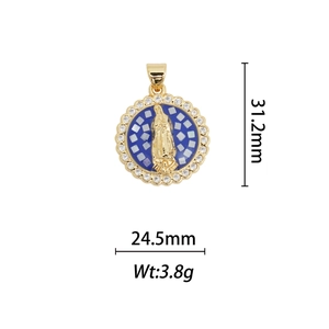 Detail showing 18k gold plated religious pendant with blue mosaic and crystal frame