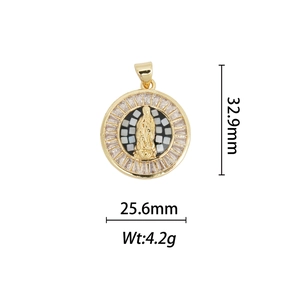 Detail view of 18k gold plated Virgin Mary pendant with dimensions 32.9mm and zircons