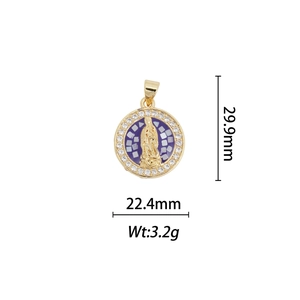 Detailed size view of 18k gold plated Virgin Mary pendant with purple mosaic and zircons