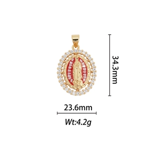 Detailed dimension view of 18k gold plated Virgin Mary pendant with red enamel and zircons