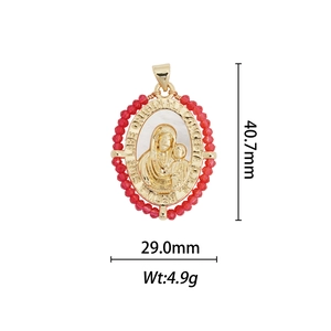 Detailed size view of a 18k gold-plated religious pendant with beads and dimensions