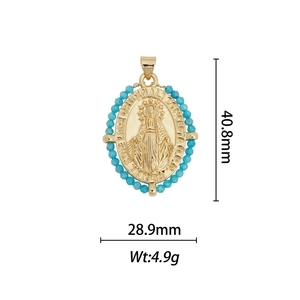 Detailed dimensions of 18k gold plated Virgin Mary pendant with blue beads