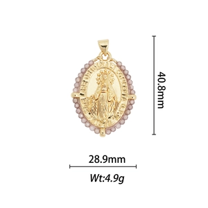 Detailed size view of an 18k gold plated Virgin Mary pendant with purple beads