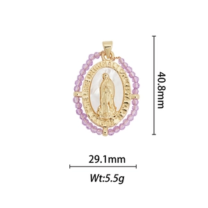 Detailed 18k gold plated Virgin Mary pendant with purple crystal beads and pearl inlay