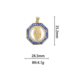 Detail view of 18k gold plated Virgin Mary pendant with measurements 35.2mm x 28.3mm