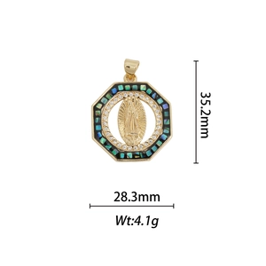 18k gold plated octagon Virgin Mary pendant with colorful shell inlay and dimensions