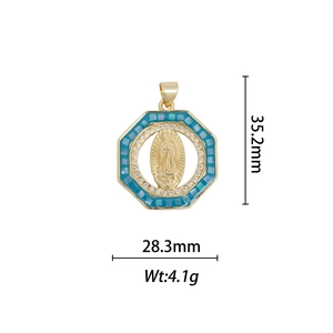 18k gold plated octagonal Virgin Mary pendant with blue mosaic and white crystals