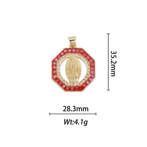 Octagonal 18k gold plated Virgin Mary pendant with red enamel and zircon accents